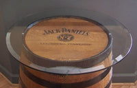 Jack Daniels Whiskey Barrel Branded-Laser Engraved-Sanded and Finished w/ 30" Glass Top-FREE SHIPPING - Aunt Molly's Barrel Products
