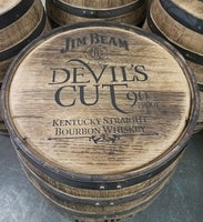 Jim Beam Devil's Cut Whiskey Barrel Lettered on Top and Front - Aunt Molly's Barrel Products