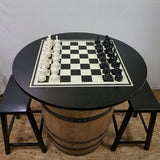 Whiskey Barrel 36" Black Table Top-Chess Board-Chess Pieces-2 Bar Stools - Aunt Molly's Barrel Products