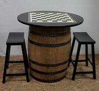 Whiskey Barrel 36" Black Table Top-Chess Board-Chess Pieces-2 Bar Stools - Aunt Molly's Barrel Products