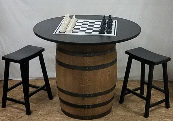 Whiskey Barrel 42" Black Table Top Chess Board-Chess Pieces-2 Bar Stools - Aunt Molly's Barrel Products