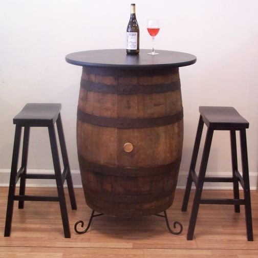 Whiskey Barrel Table-30" Table Top-Stand-(2) 29" Black Bar Stools - Aunt Molly's Barrel Products