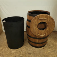Whiskey Barrel Trash Can c/Hole in Top- Rope Handles and Liner - Aunt Molly's Barrel Products